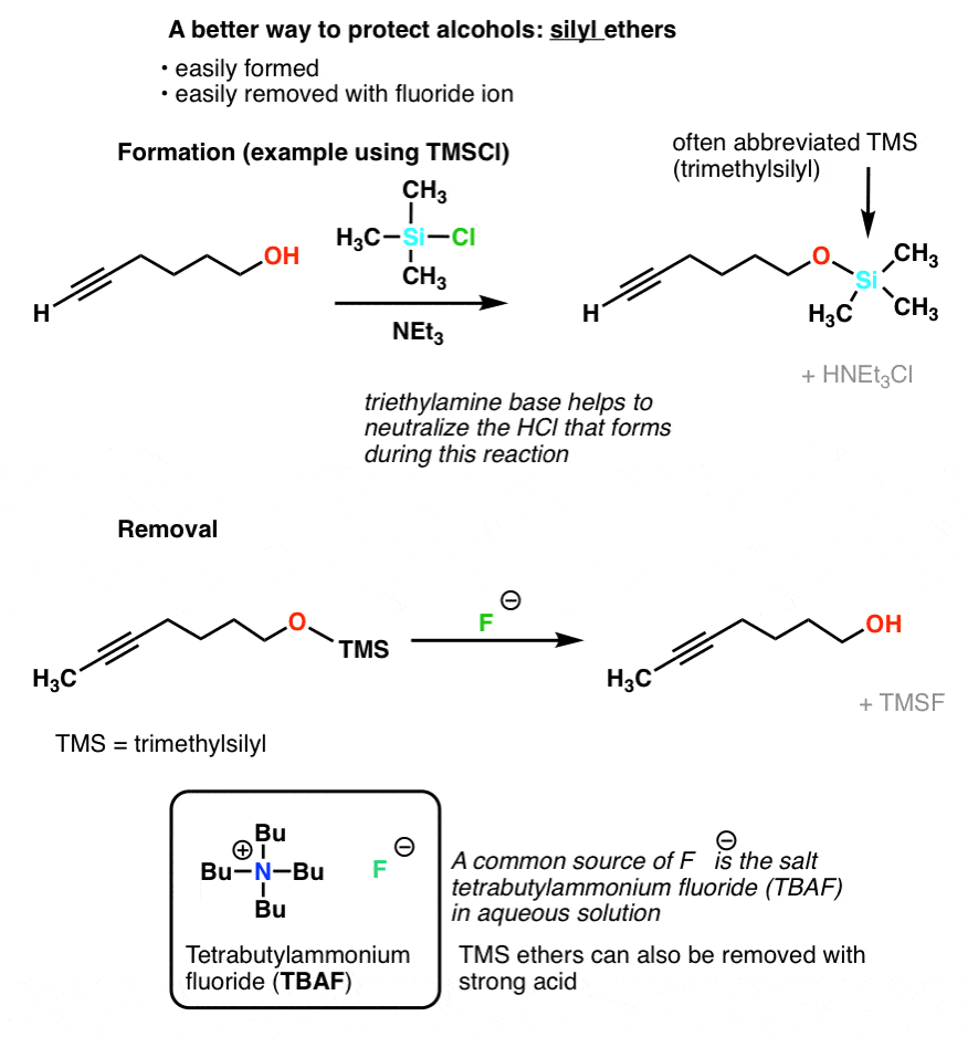 very successful application of protecting groups is to use silyl ethers such as trimethylsilyl chloride which can be removed with fluoride ion or even strong acid