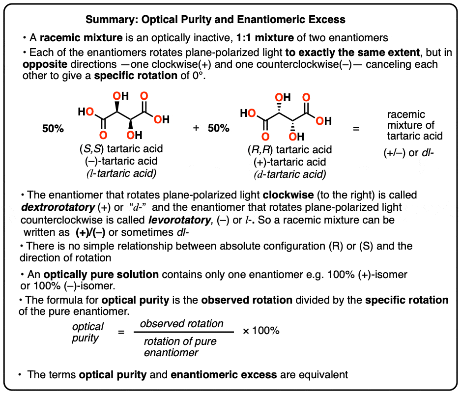 summary of optical rotation enantiomeric excess optical purity