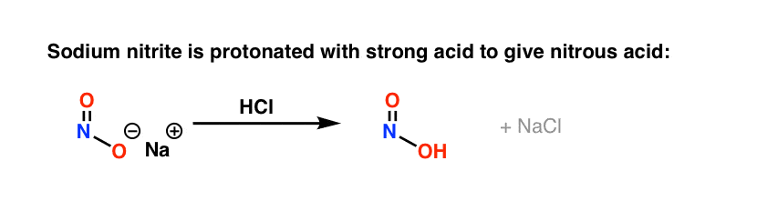 protonation of sodium nitrite with strong acid gives nitrous acid