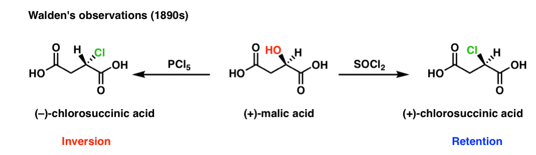 walden observation treatment of malic acid with socl2 to give chlorosuccinic acid with retention versus pcl4 gives inversion why is this sn2