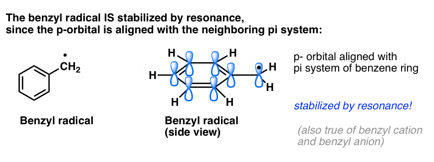 benzyl radical more stable conjugated with pi system stabilized by resonance