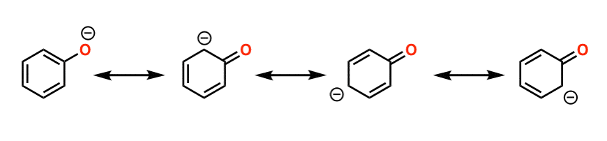 resonance forms of conjugate base of phenol shows 4 resonance forms delocallized charge more stable