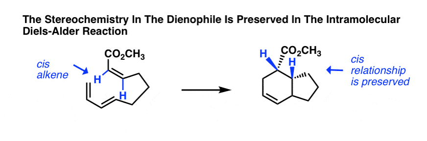 in-the-intramolecular-diels-alder-reaction-the-stereochemistry-of-the-dienophile-is-preserved