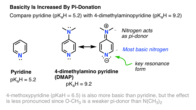 pi donation increases basicity of nitrogen example dmap is more basic due to pi donation