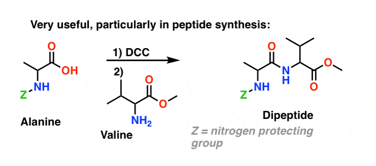 example of peptide synthesis alanine valine to dipeptide using dcc as coupling agent