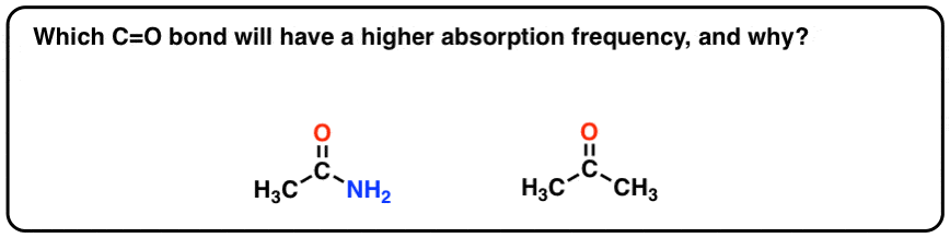 question between amide and ketone which will have higher c o absorption frequency and why compare resonance forms