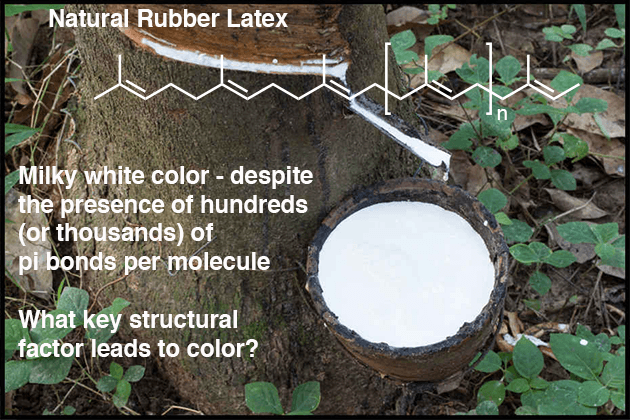 natural rubber latex has hundreds or thousands of pi bonds per molecule is a white color because double bonds not conjugated