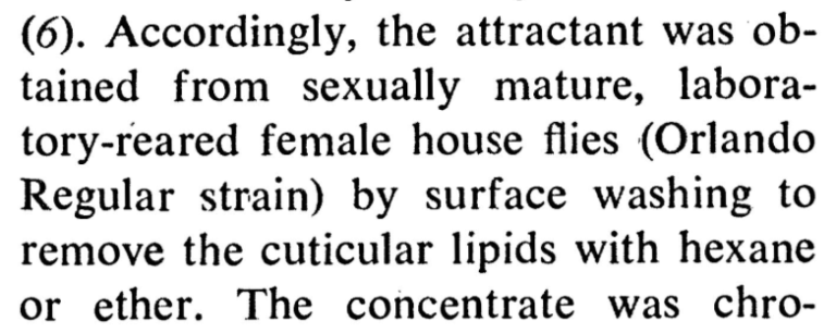 sex fly attractant obtained from washing flies with hexane or ether