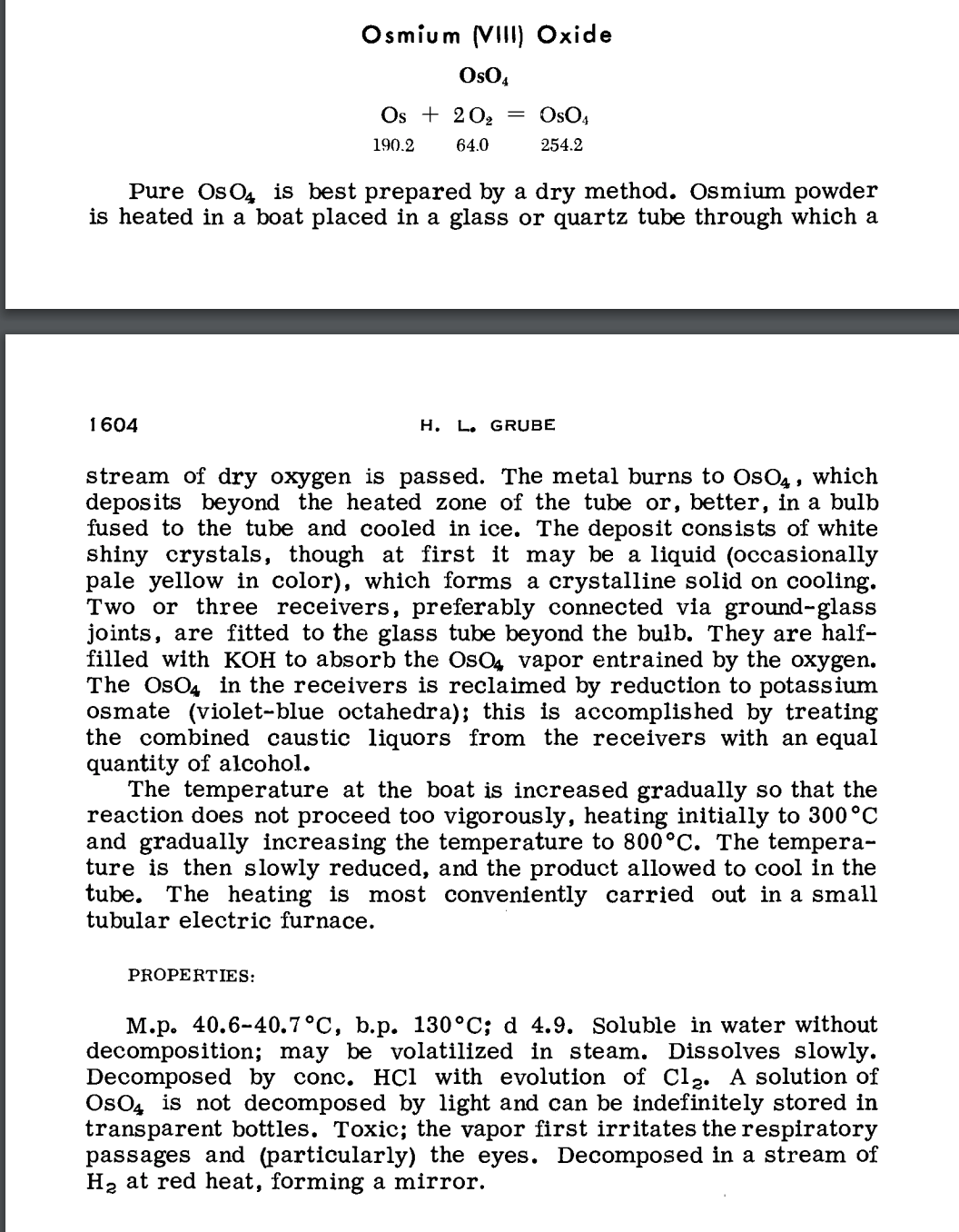 preparation of OsO4 from H L Grube Preparative Inorganic Chemistry