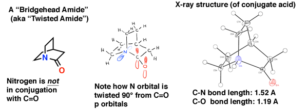 bridgehead-amide-not-in-conjugation-with-carbonyl-nitrogen-twisted-90-from-co-orbitals-note-x-ray-structure